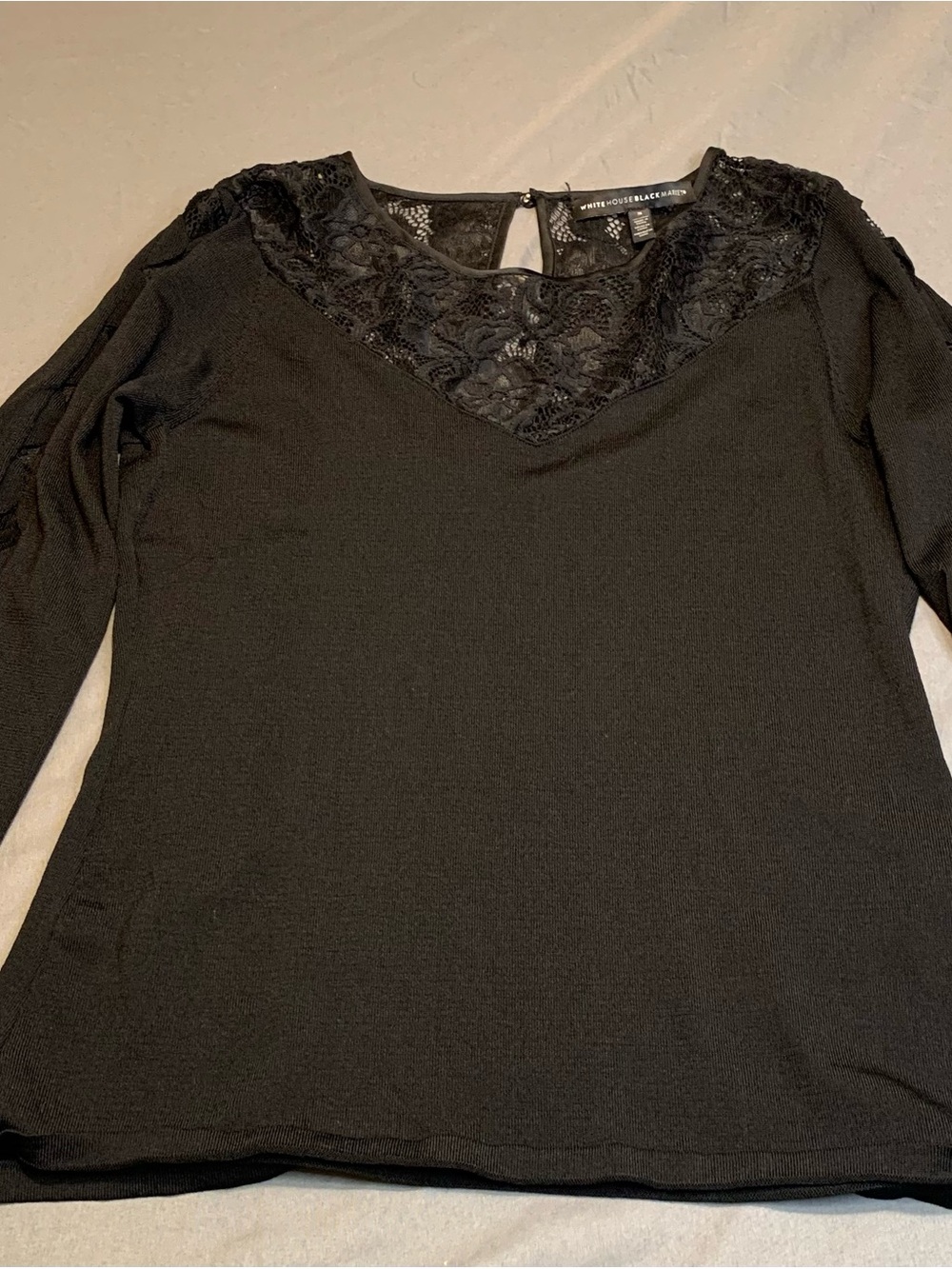 White House Black Market Black Knit Pullover Top Long Sleeve Lace Trim Size S
